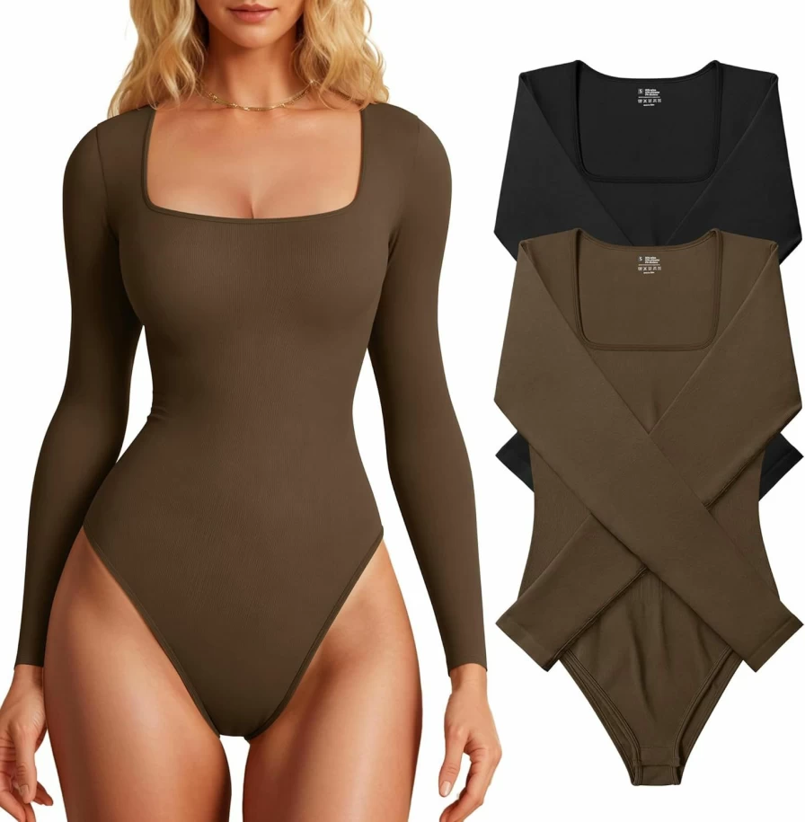 OYS Women's Ribbed Square Neck Long Sleeve Bodysuit - 2 Piece Stretchy Leotard Top for Women