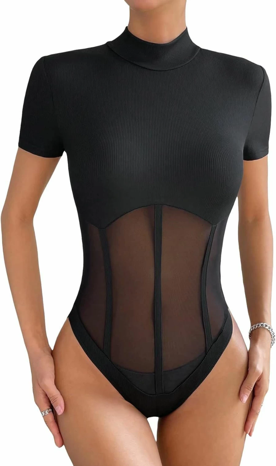 GORGLITTER Women's Sheer Mesh Mock Neck Bodysuit - Short Sleeve Ribbed Knit Leotard for Women