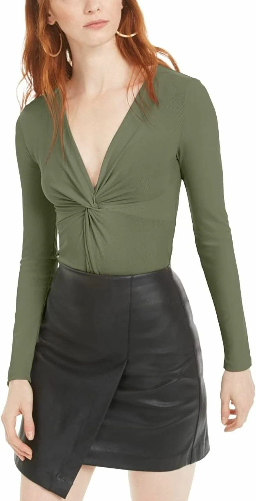 BAR III Women's Ribbed Twist Front Bodysuit - Green Long Sleeve Slim Fit Stretchable Basic Top