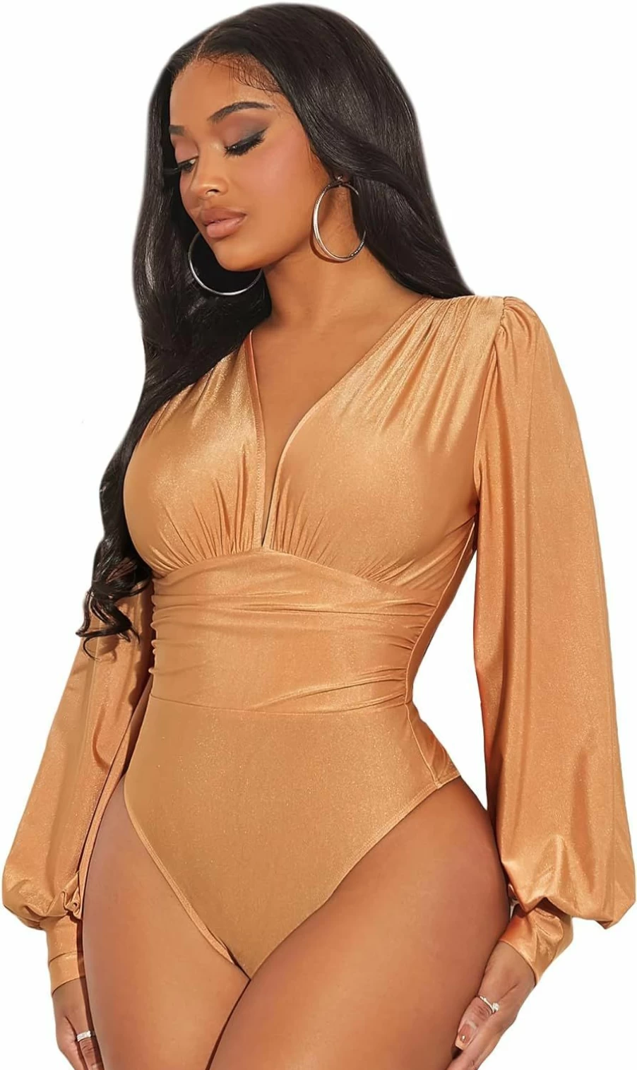 WDIRARA Women's Wrap Bodysuit - Deep V Neck Long Sleeve Solid Jumpsuit for Women
