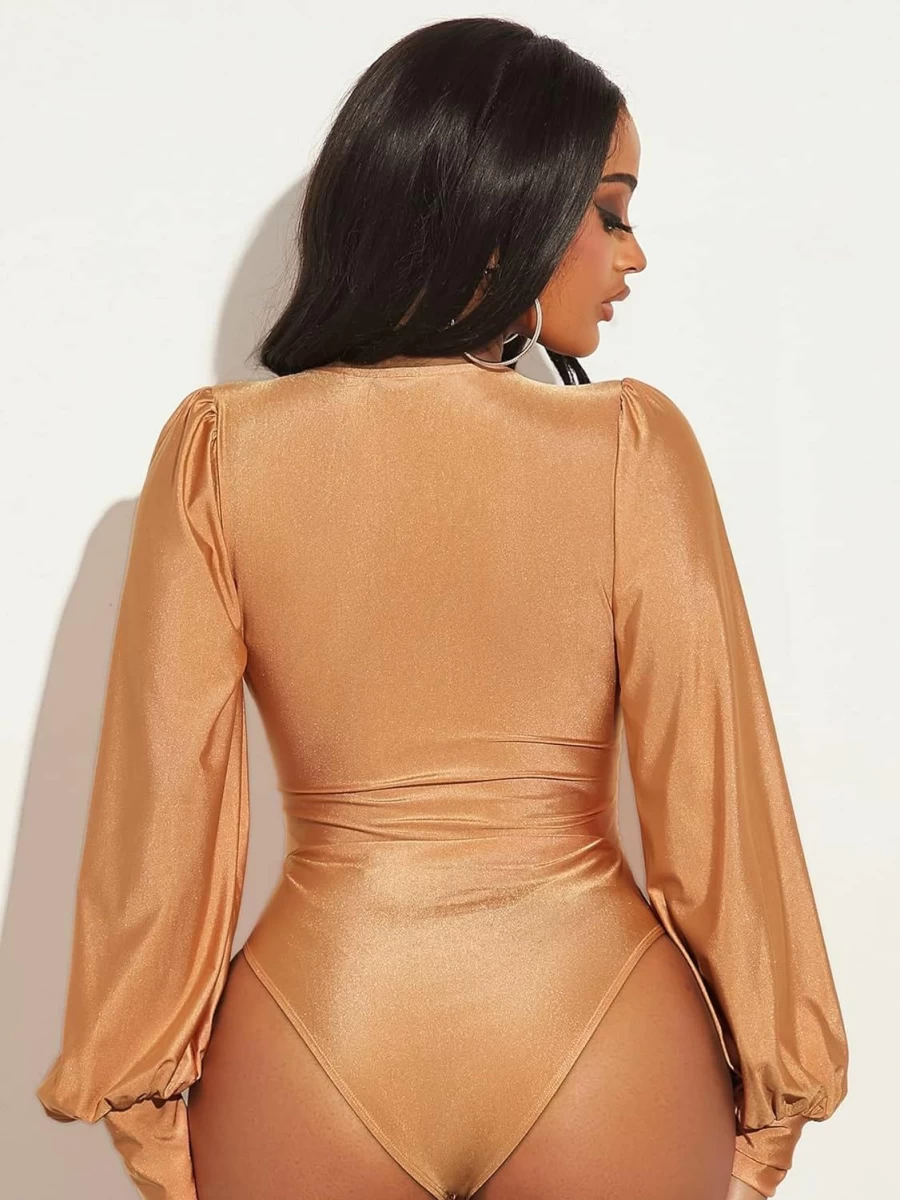 WDIRARA Women's Wrap Bodysuit - Deep V Neck Long Sleeve Solid Jumpsuit for Women