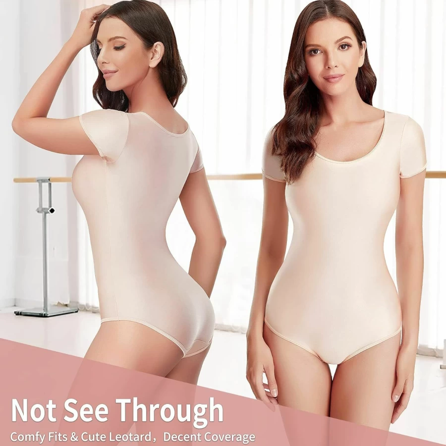 REYEOGO Women's Ballet Leotard - Short Sleeve Dance Bodysuit for Gymnastics & Performance, Scoop Neck Jumpsuit T-Shirt Top