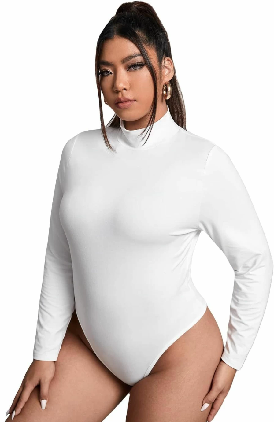 WDIRARA Plus Size Women's Mock Neck Long Sleeve Bodysuit Tee - Stretch Fitted Plain Top