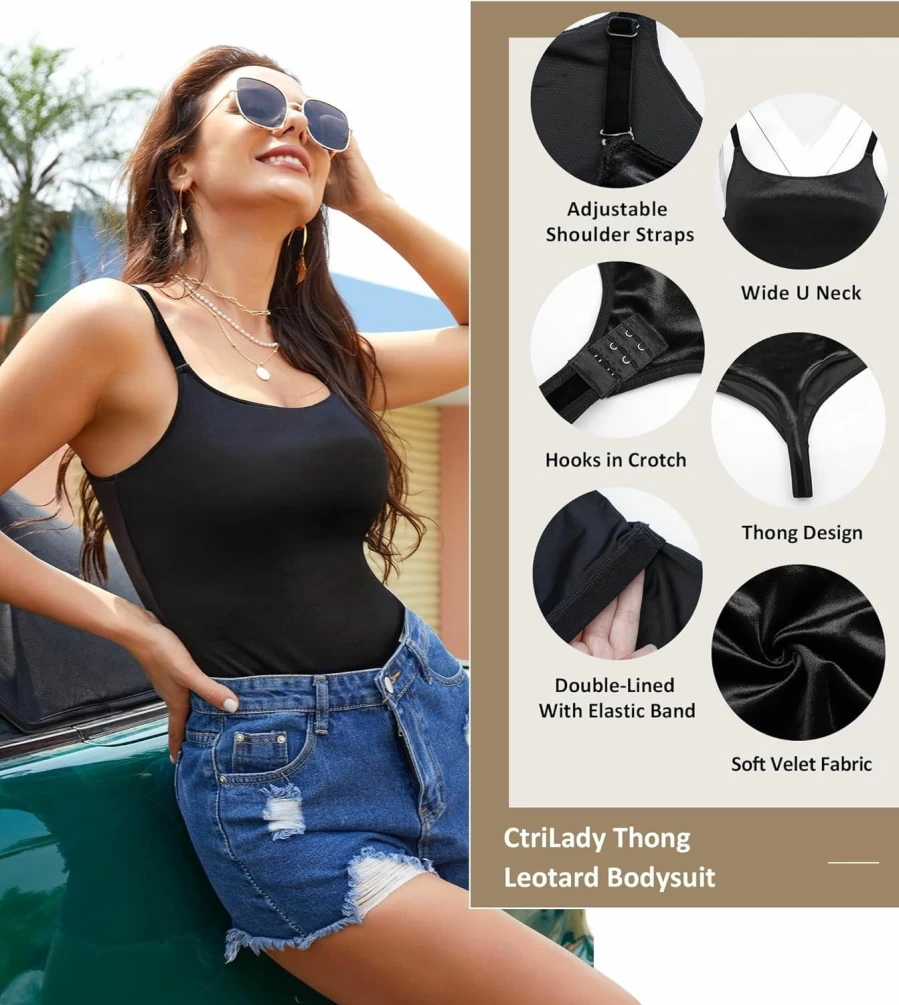 CtriLady Women's Sleeveless Square Neck Backless Leotard Bodysuit - Slim Fit Thong Jumpsuit Clubwear Tank Top