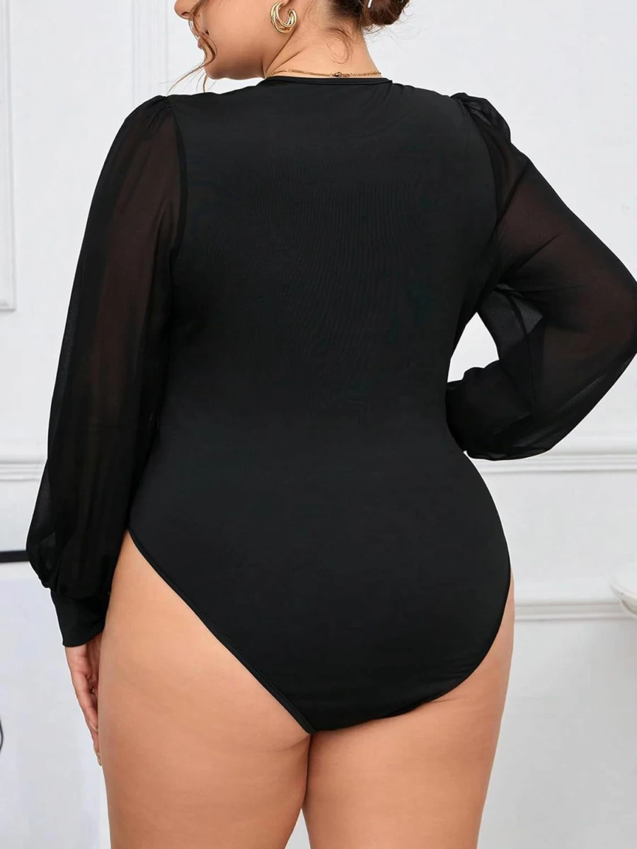 SOLY HUX Women's Plus Size Long Sleeve Mesh Bodysuit T-Shirt Tops - Contrast Bishop Sleeve Stylish Comfort