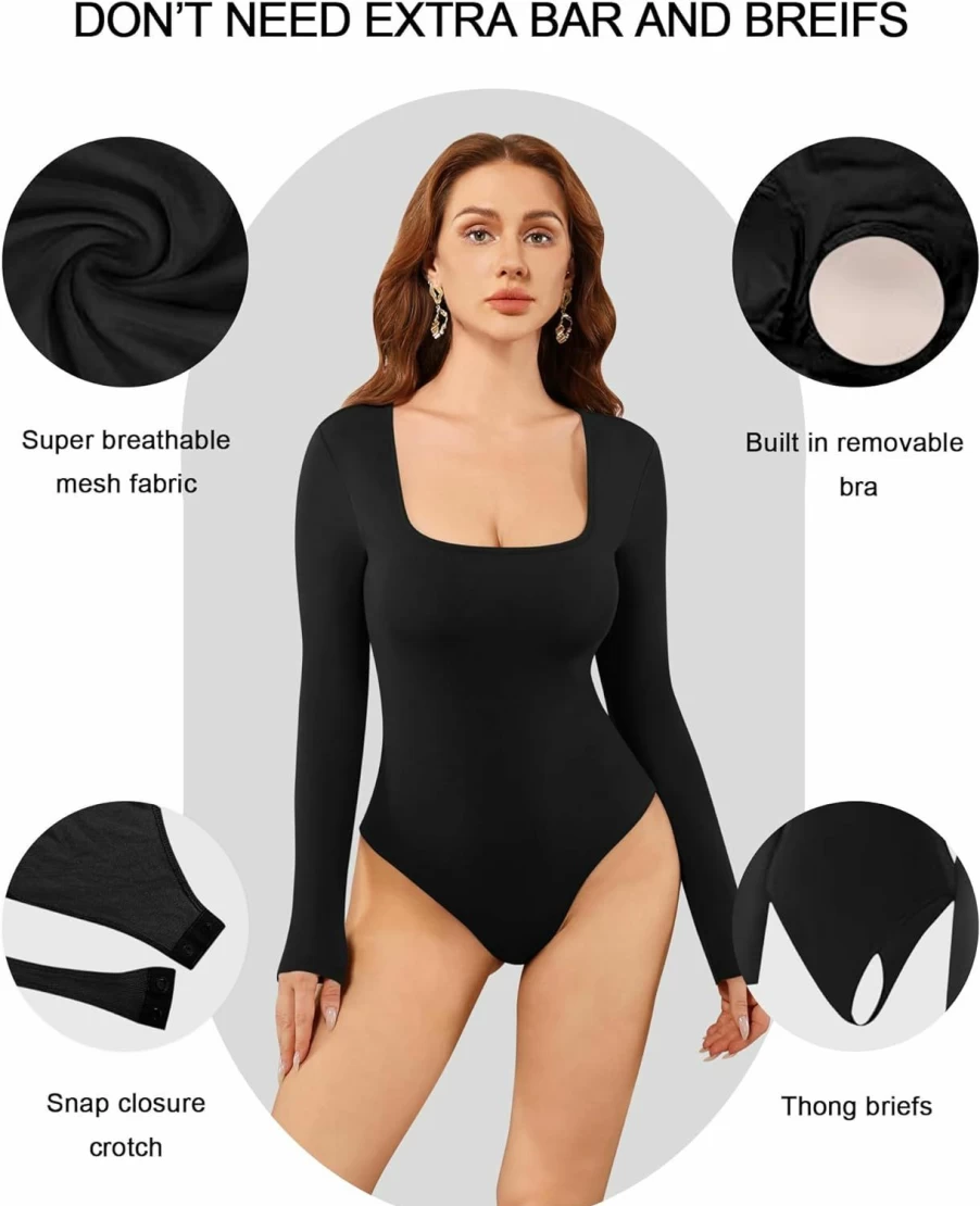 MANGOPOP Women's Square Neck Long Sleeve Bodysuit with Built-In Bra & Thong - Seamless T-Shirt Top