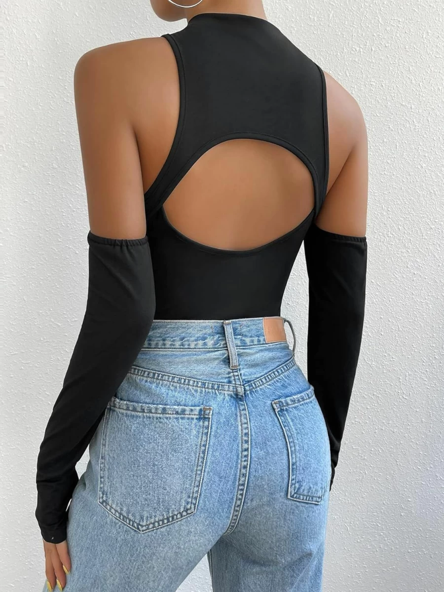 OYOANGLE Women's Slim Fit Mock Neck Bodysuit - Long Sleeve Cold Shoulder Cut Out Tee