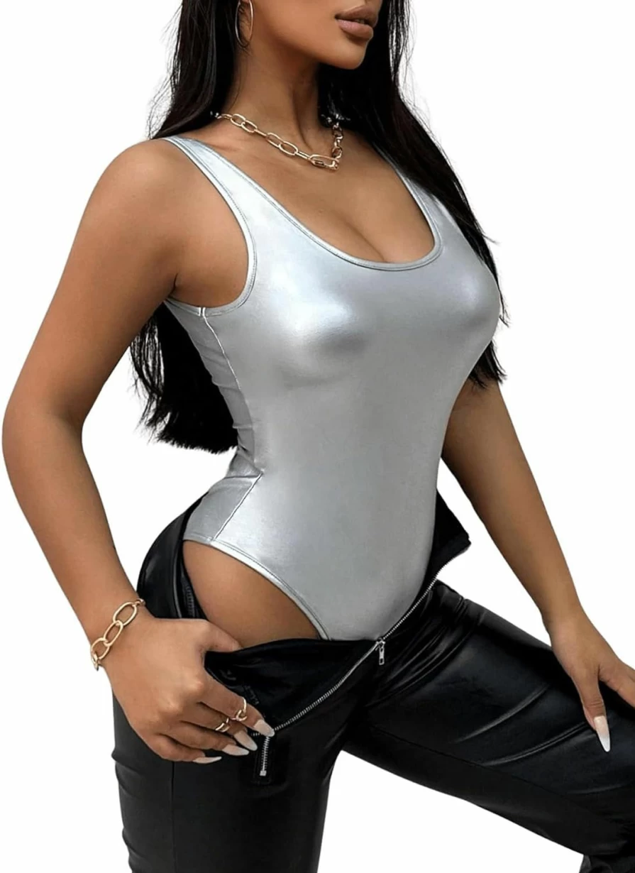 SHENHE Women's Metallic Sleeveless Scoop Neck Bodysuit - Sexy Fitted Tank Top for Party & Club Wear