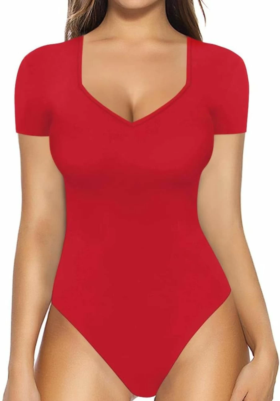 MANGOPOP Women's Sweetheart V-Neck Bodysuit - Short & Long Sleeve Tops for Women