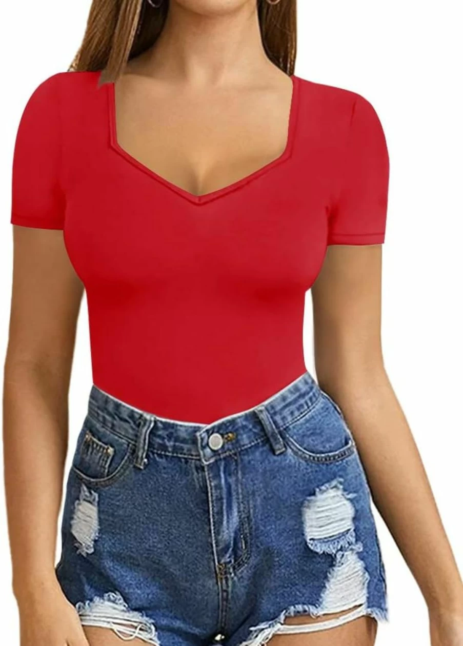 MANGOPOP Women's Sweetheart V-Neck Bodysuit - Short & Long Sleeve Tops for Women