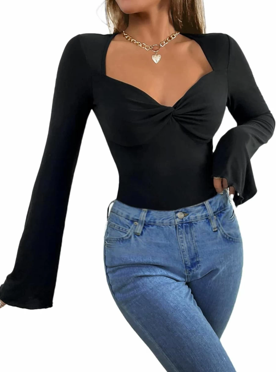 LilyCoco Women's V-Neck Puff Sleeve Bodysuit - Long Sleeve T-Shirt Tops for Women