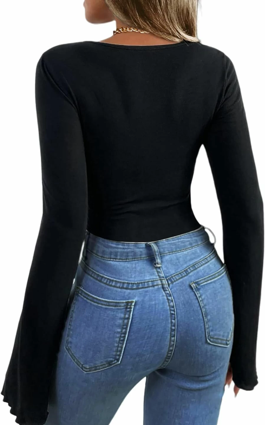 LilyCoco Women's V-Neck Puff Sleeve Bodysuit - Long Sleeve T-Shirt Tops for Women