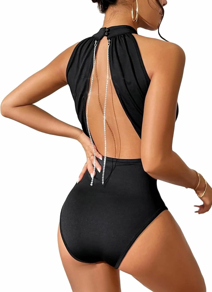 GORGLITTER Women's Sexy Backless Bodysuit - Sleeveless Leotard Top with Chain Detail for Clubwear & Night Out