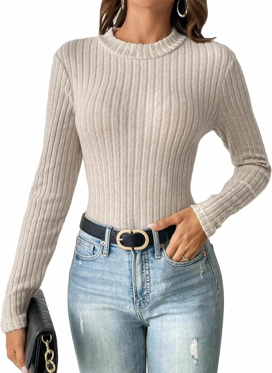 MakeMeChic Women's Ribbed Knit Mock Neck Bodysuit - Casual Long Sleeve Solid Top