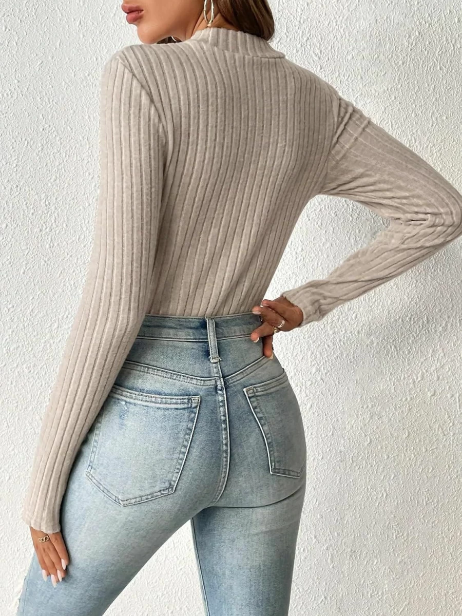 MakeMeChic Women's Ribbed Knit Mock Neck Bodysuit - Casual Long Sleeve Solid Top
