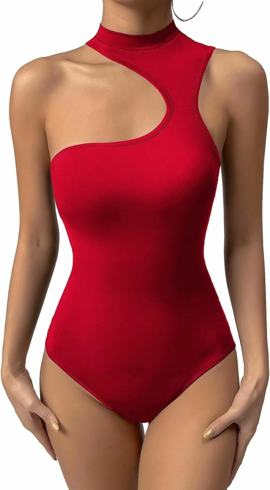 Floerns Women's Slim Fit Asymmetrical Neck Stretchy Bodysuit Jumpsuit - Sleeveless Cut Out Design Tank Top
