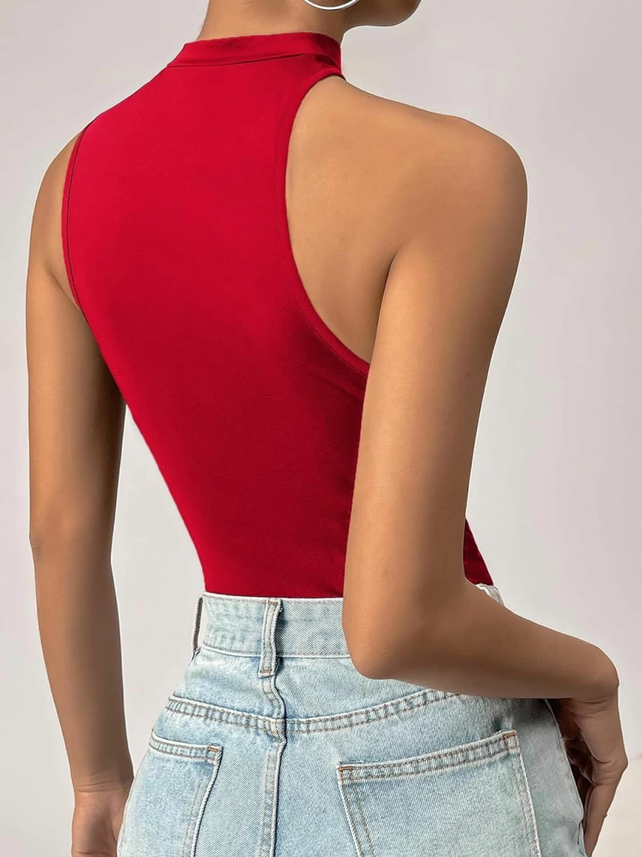 Floerns Women's Slim Fit Asymmetrical Neck Stretchy Bodysuit Jumpsuit - Sleeveless Cut Out Design Tank Top