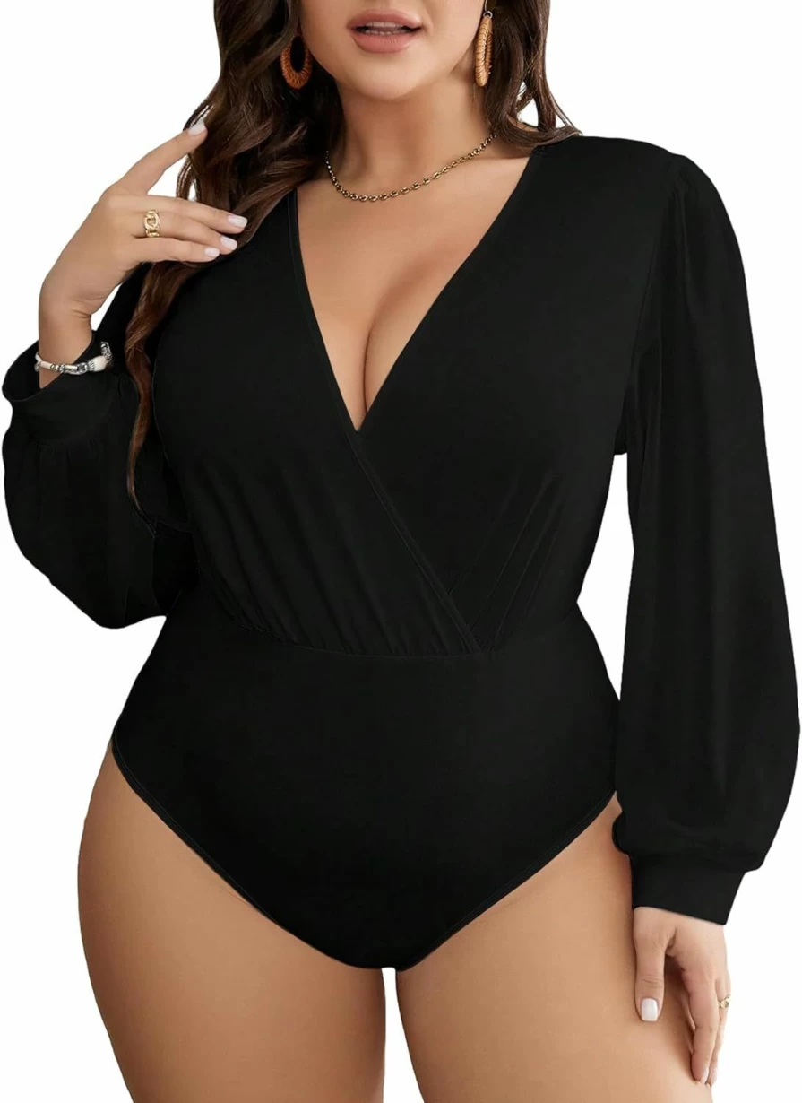 Floerns Plus Size Women's Wrap Surplice V-Neck Long Sleeve Bodysuit Top