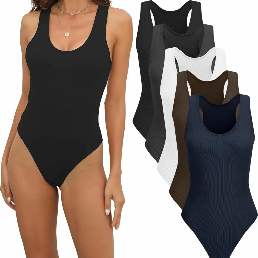 TVKSOM Women's Ribbed Bodysuit 4/5 Pack - Sleeveless Scoop Neck & Racerback Tank Top for Women