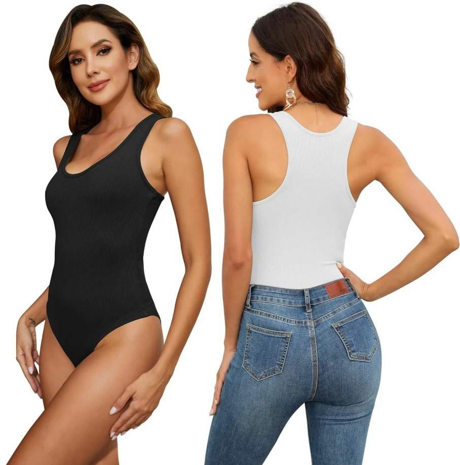 TVKSOM Women's Ribbed Bodysuit 4/5 Pack - Sleeveless Scoop Neck & Racerback Tank Top for Women
