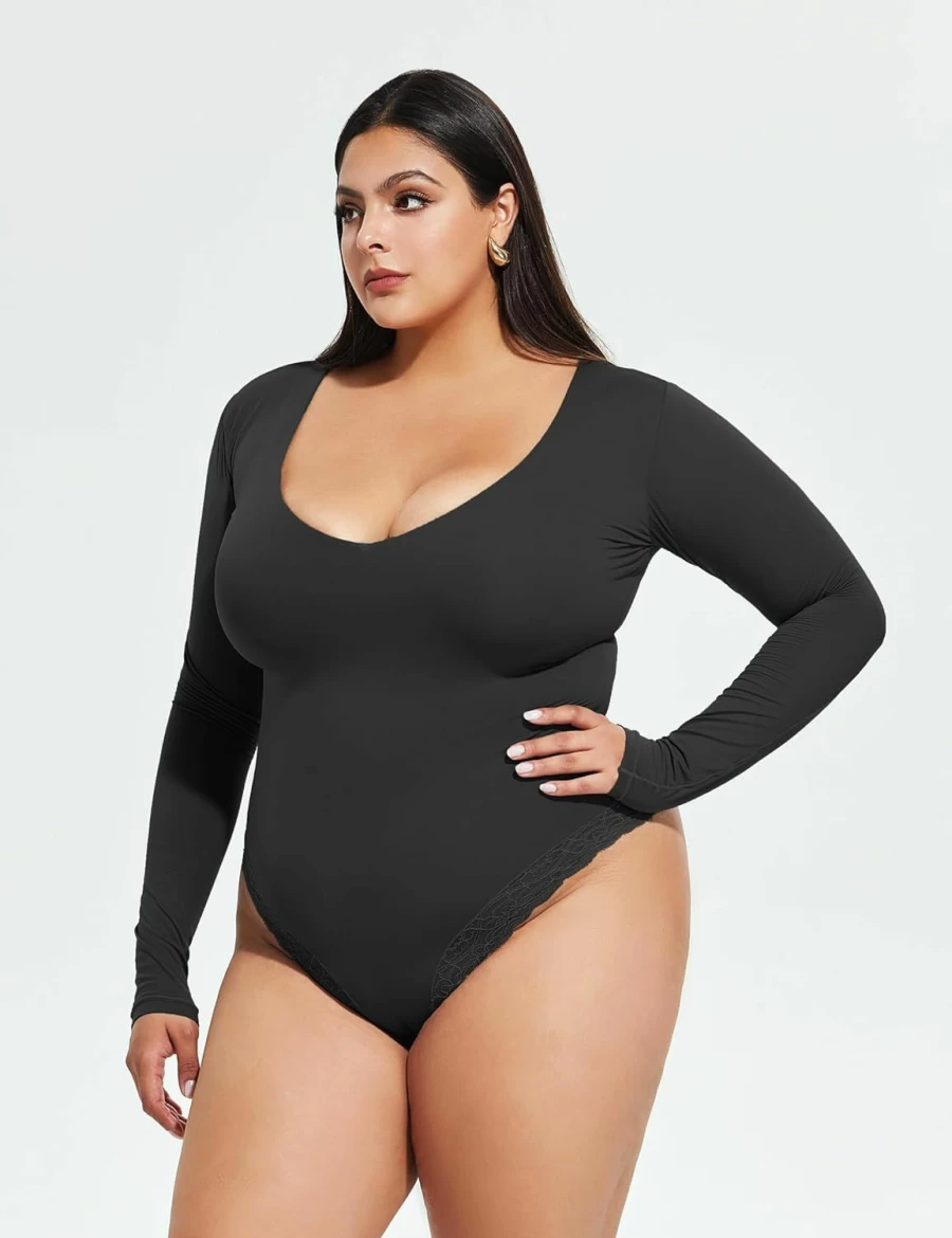 "Sveltors Plus Size Deep V Neck Long Sleeve Bodysuit for Women - Stretchy Sexy Tops & Basic Shirts"