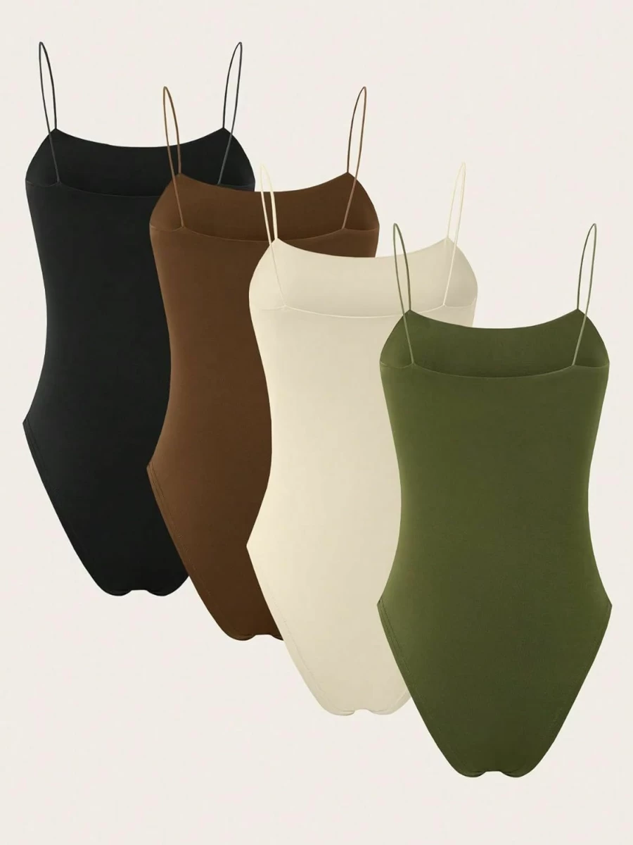 GORGLITTER Women's Rib Knit Strappy Bodysuit - Sleeveless Tank Top 4-Piece Set