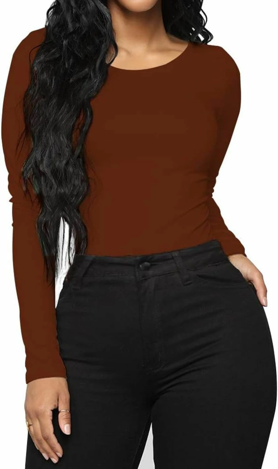 LINMON Women's Stretchy Long Sleeve Bodysuit - Round Neck T-Shirt Style Jumpsuit Top
