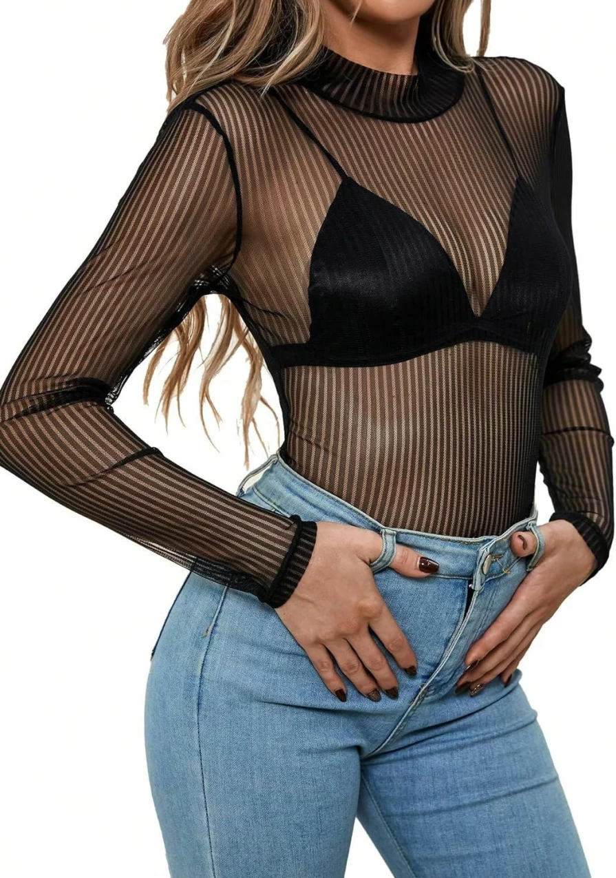 WDIRARA Women's Sheer Mesh Long Sleeve Bodysuit - Mock Neck Slim Fit Jumpsuit Tops for Women