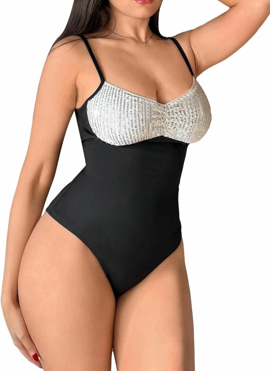 SHENHE Women's Sexy Sparkly Sequin Bodysuit - Sleeveless Fitted Spaghetti Strap Colorblock Jumpsuit for Women