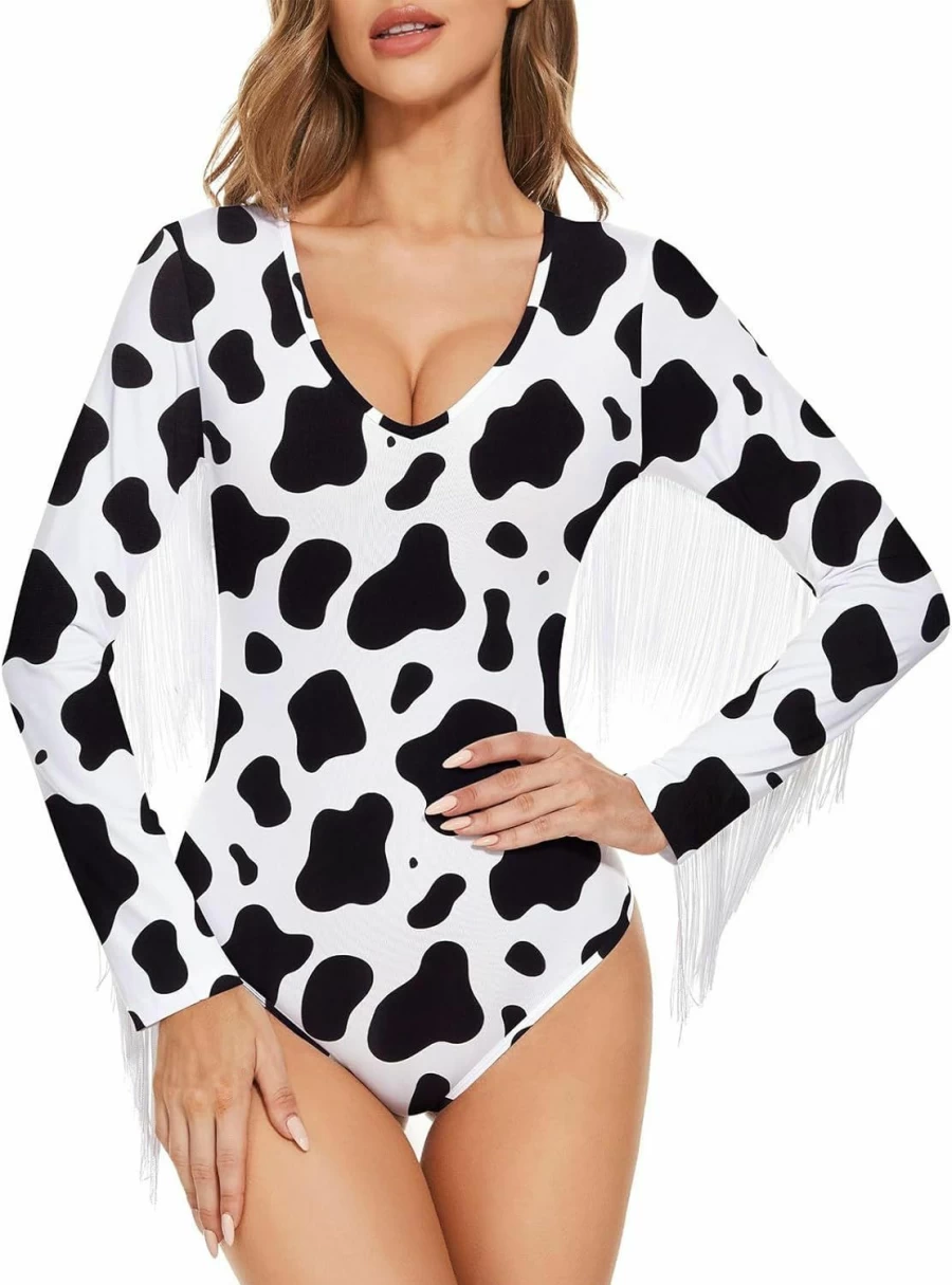 American Trends Women's Cowgirl Fringe V-Neck Long Sleeve Bodysuit - Disco Concert Leotard Jumpsuit for Western Outfits