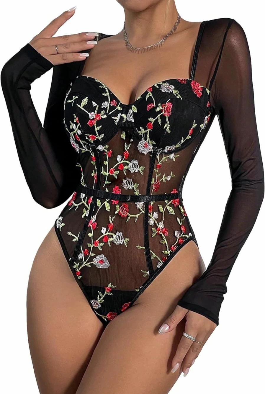 SHENHE Women's Floral Lace Bustier Blouse - Sheer Mesh Long Sleeve Bodysuit with Sweetheart Neckline