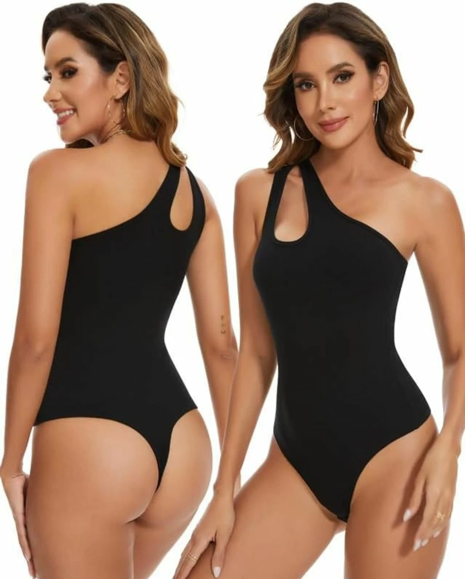 SHAPERIN Women's One Shoulder Backless Bodysuit - Sleeveless Cutout Thong Leotard for Dance & Fitness
