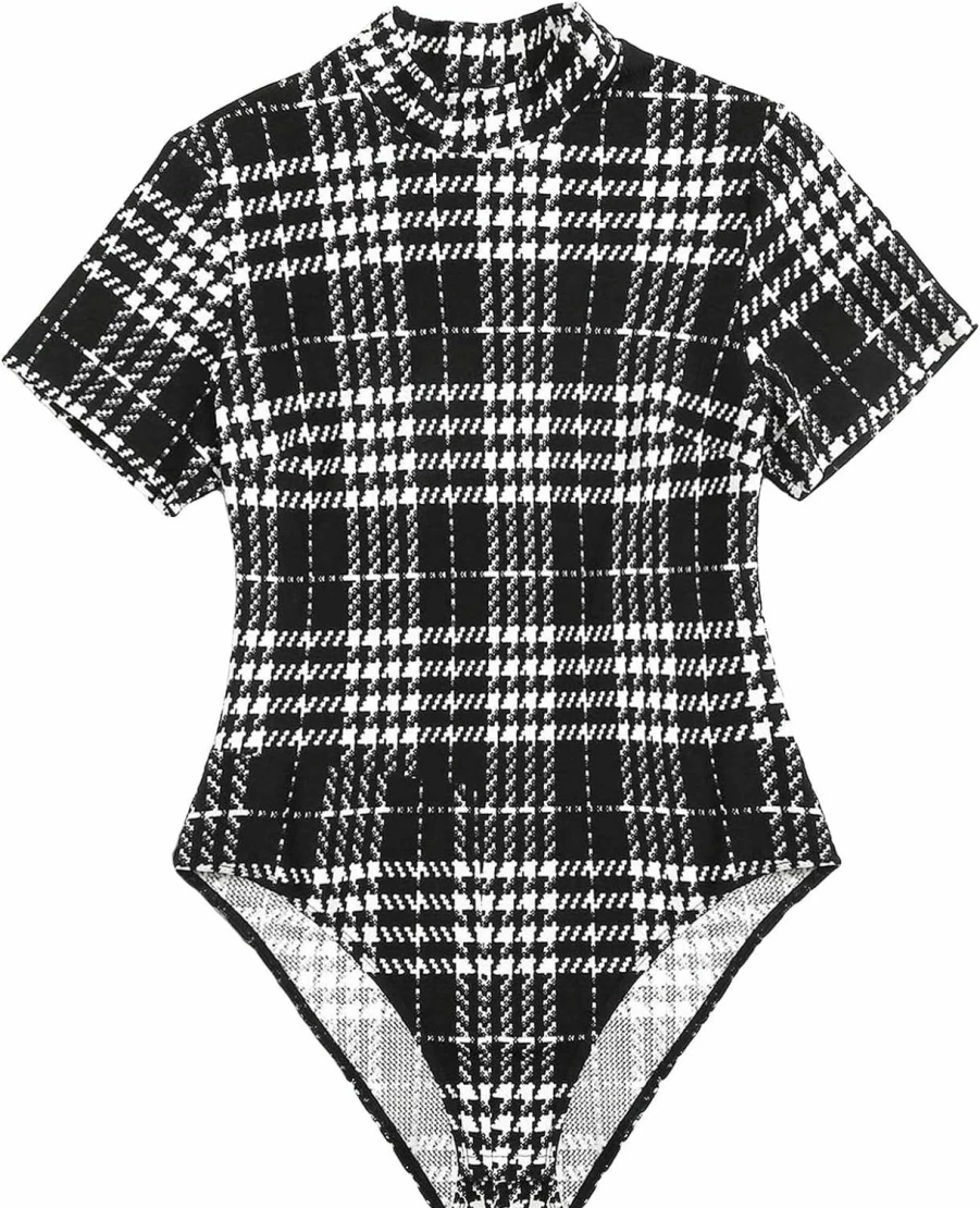 Floerns Plus Size Plaid Print Short Sleeve T-Shirt Bodysuit for Women
