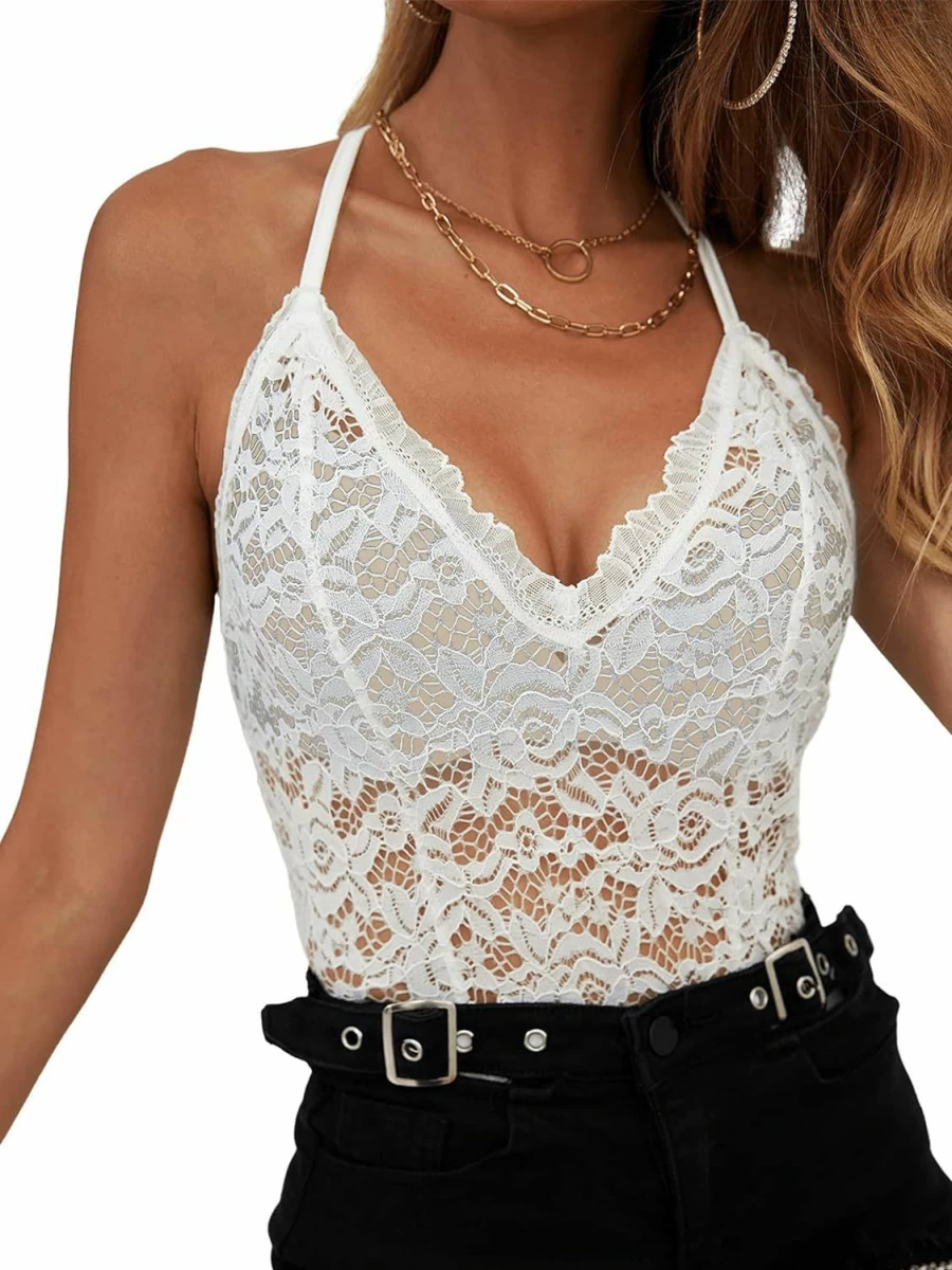 Romwe Women's Floral Lace Cami Bodysuit - Sheer Mesh V-Neck Spaghetti Strap Tops in White Size S