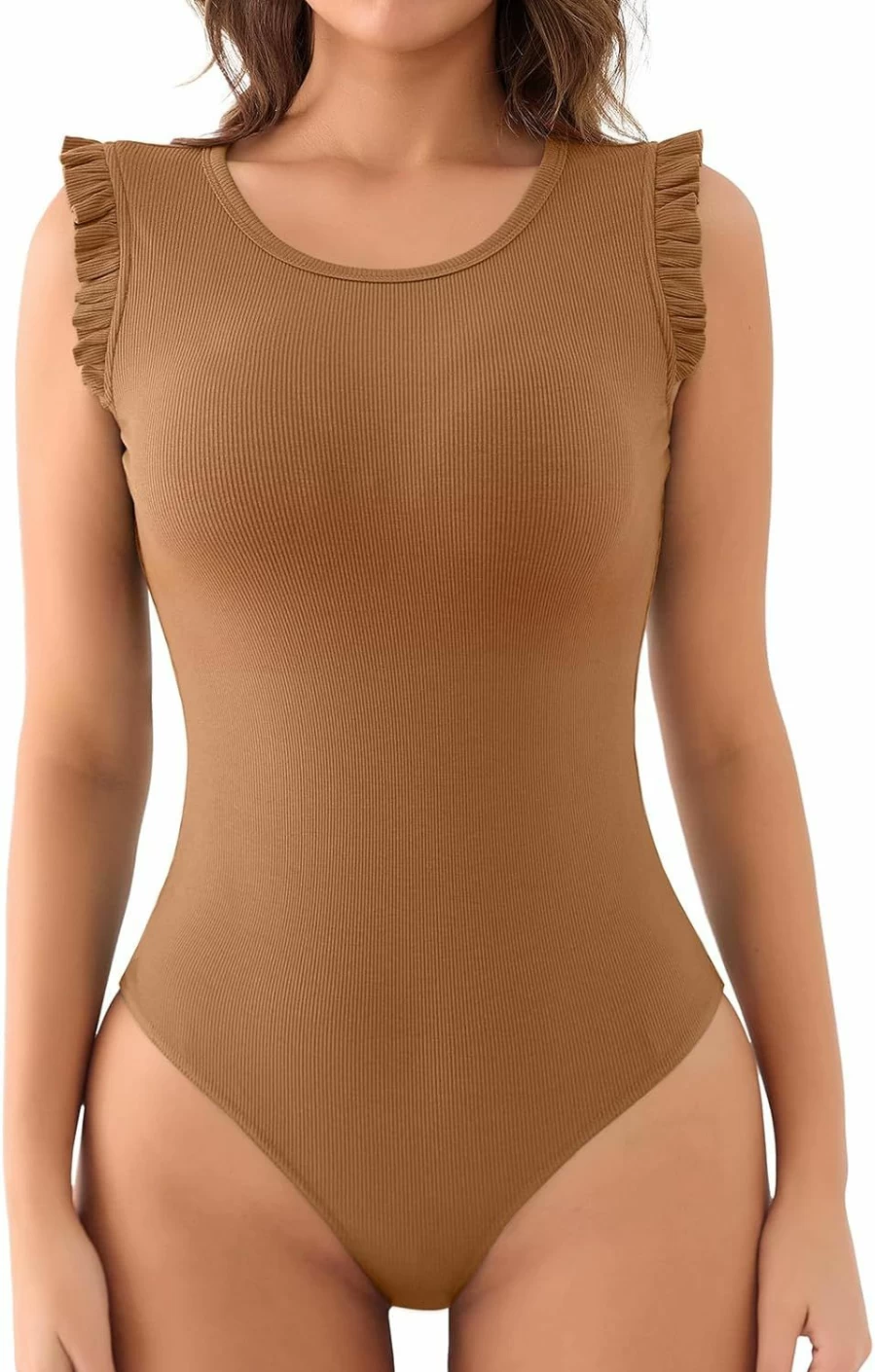OWIN Women's Sexy Ribbed Knit Bodysuit - Casual Crew Neck Ruffle Sleeveless Leotard Top