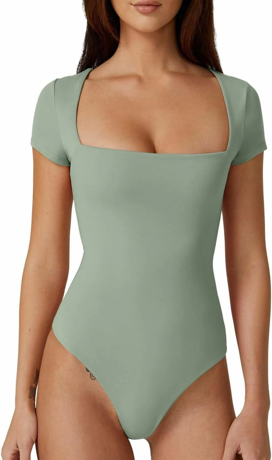 QINSEN Women's Sexy Square Neck Short Sleeve Bodysuit - Double Lined Stretchy T-Shirt Top for Women