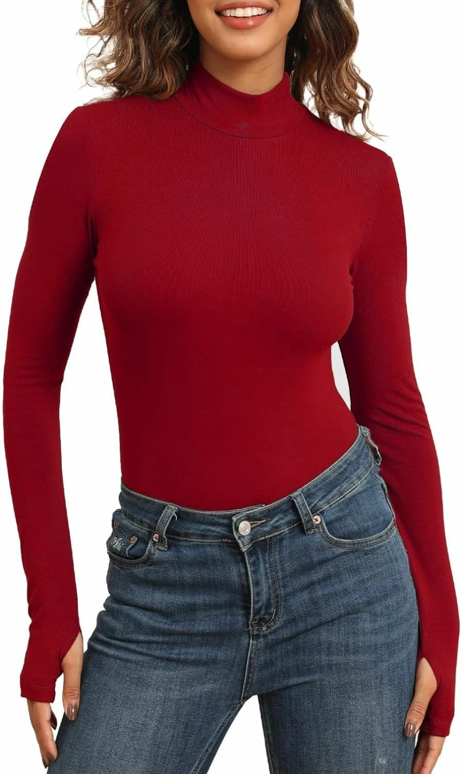 DEOLINA Women's Stretchy Mock Neck Long Sleeve Bodysuit - Comfortable Casual Basic Shirt & Leotard Tops