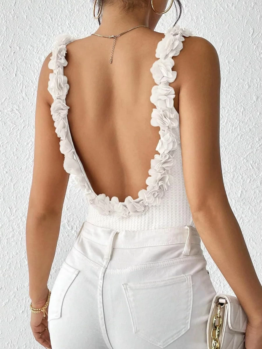 BEAUDRM Women's Backless Slim Fit 3D Floral Spaghetti Strap Cami Top - Casual Sleeveless Bodysuit Tee