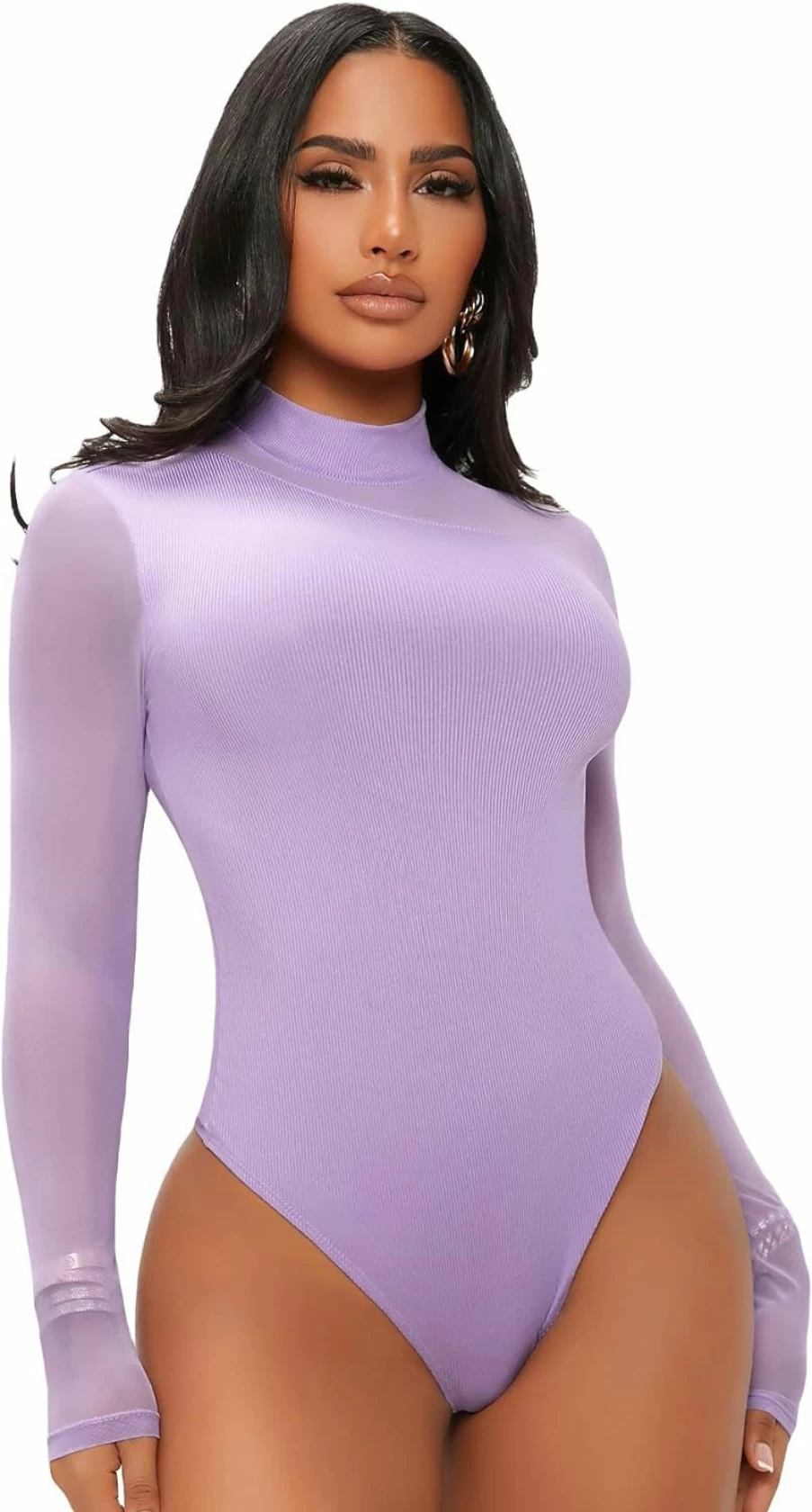 Verdusa Women's Slim Fit Mesh Long Sleeve Mock Neck Bodysuit - Contrast Trim Stretchy One Piece Tee