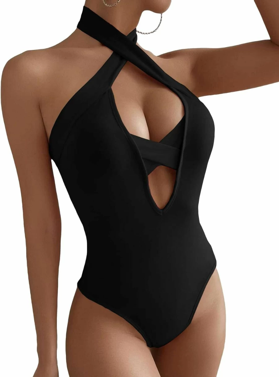 GORGLITTER Women's Criss Cross Halter Bodysuit - Sleeveless Cut Out Leotard Top for Dance & Fitness