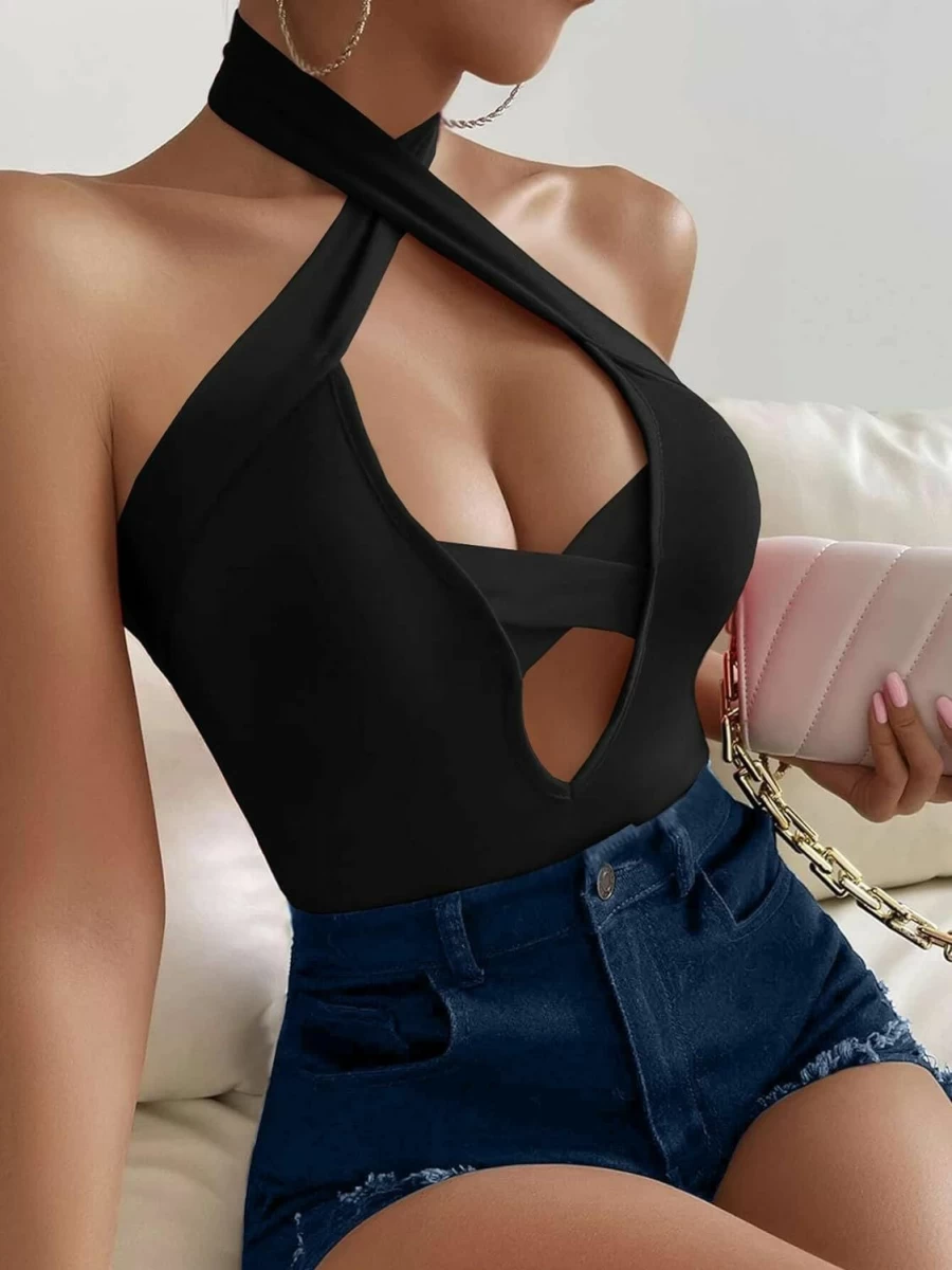 GORGLITTER Women's Criss Cross Halter Bodysuit - Sleeveless Cut Out Leotard Top for Dance & Fitness