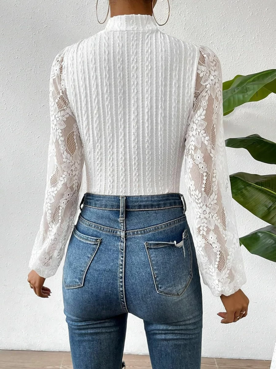 SweatyRocks Women's Lace Long Sleeve Mock Neck Ribbed Knit Slim Fit Bodysuit Top