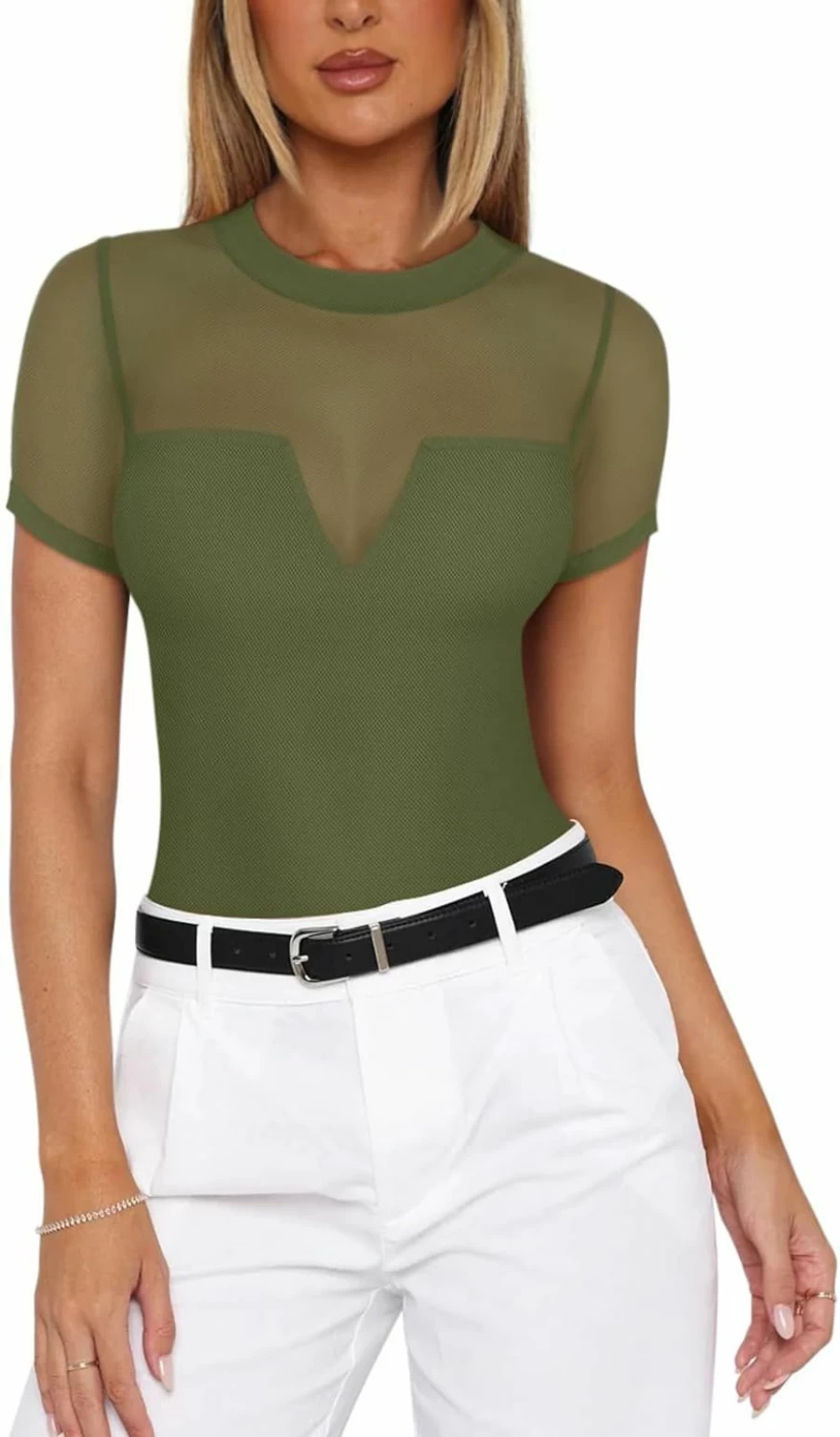 REORIA Women's Sexy Cutout Mesh Bodysuit Top - Mock Turtle Neck Sheer V-Neck Short Sleeve Trendy Going Out Shirts