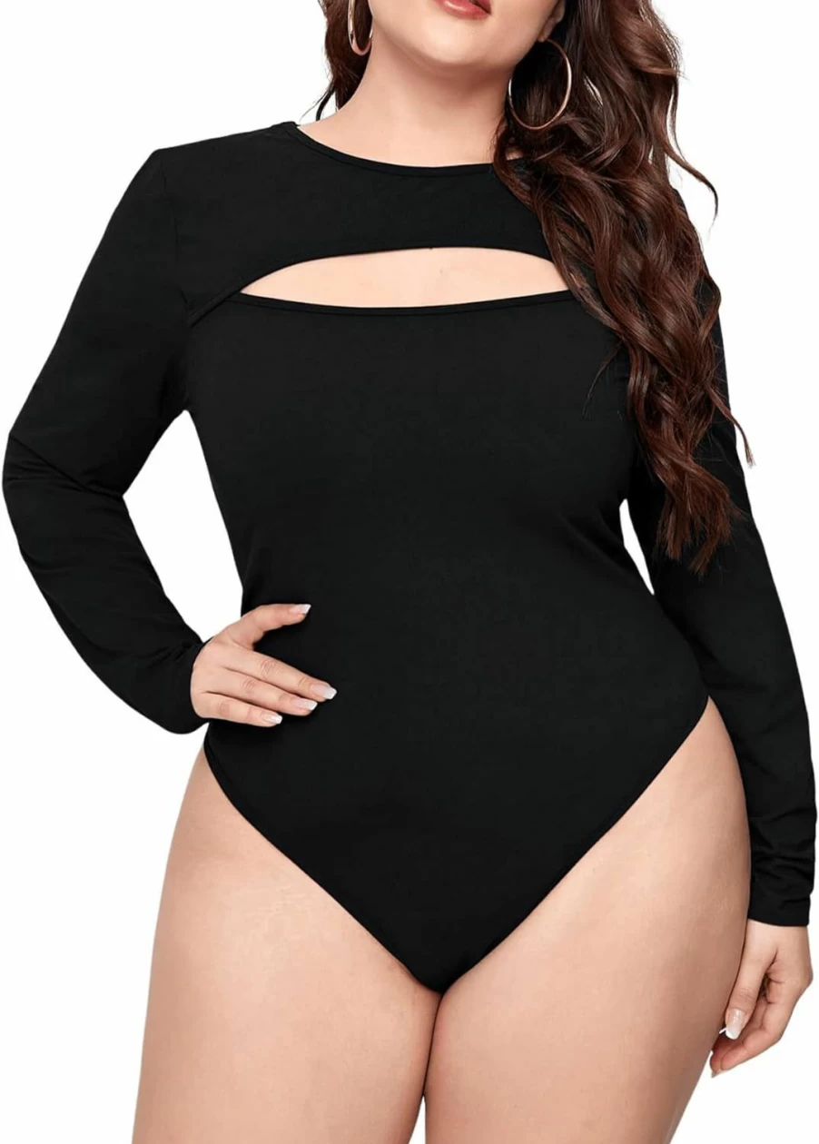 OYOANGLE Women's Plus Size Long Sleeve Cut Out Tee Shirt Bodysuit - Solid Round Neck Stretchable Comfort Fit