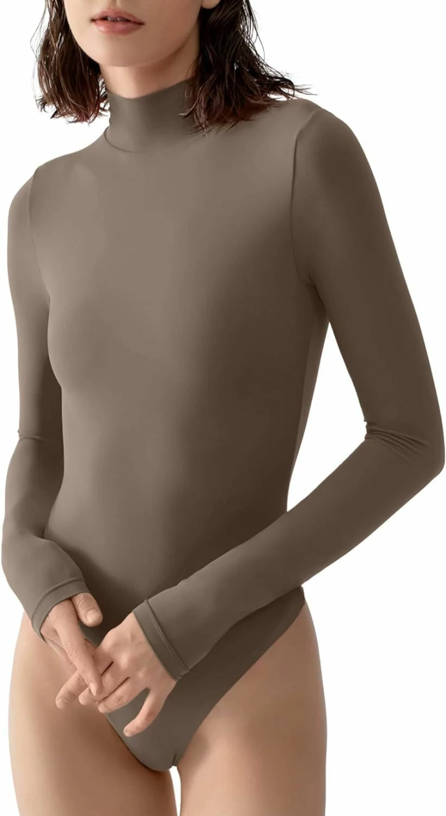 PUMIEY Women's Mock Neck Long Sleeve Bodysuit - Sexy Mocha Turtleneck Top - X-Large Bodycon Clothing