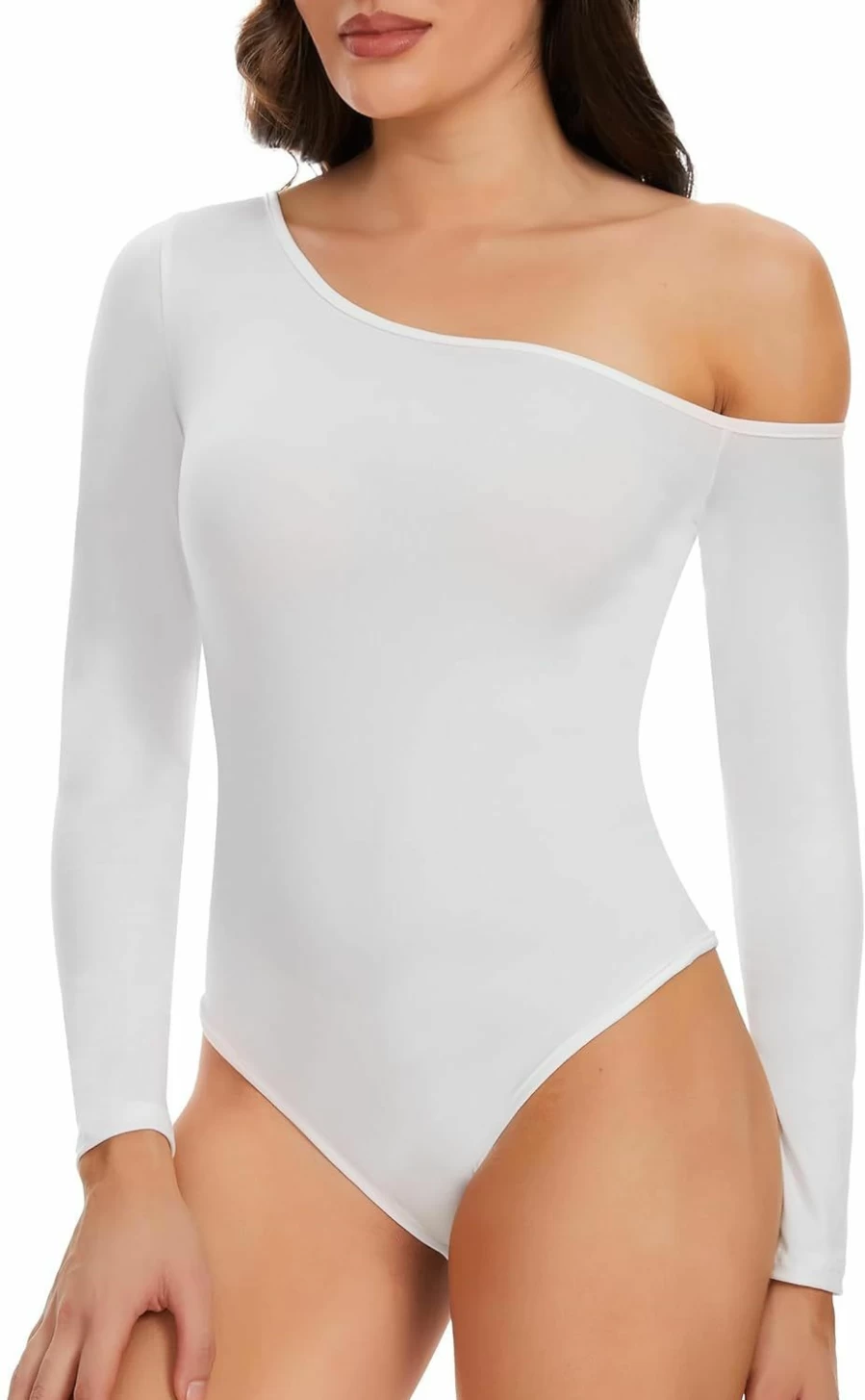 CARCOS Women's Long Sleeve Bodysuit T-Shirt - Casual High Low Shoulder Jumpsuit Tops for Women