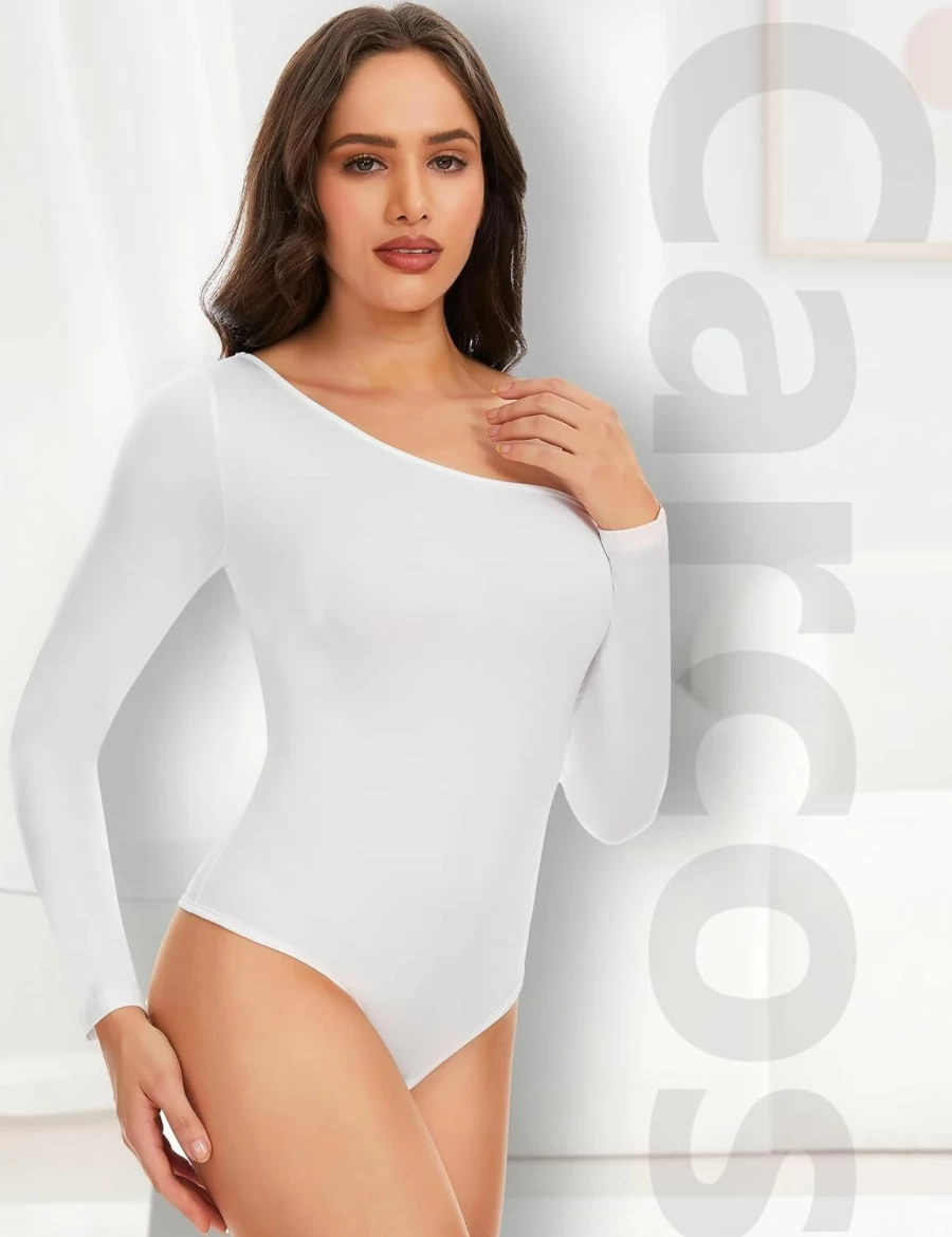 CARCOS Women's Long Sleeve Bodysuit T-Shirt - Casual High Low Shoulder Jumpsuit Tops for Women