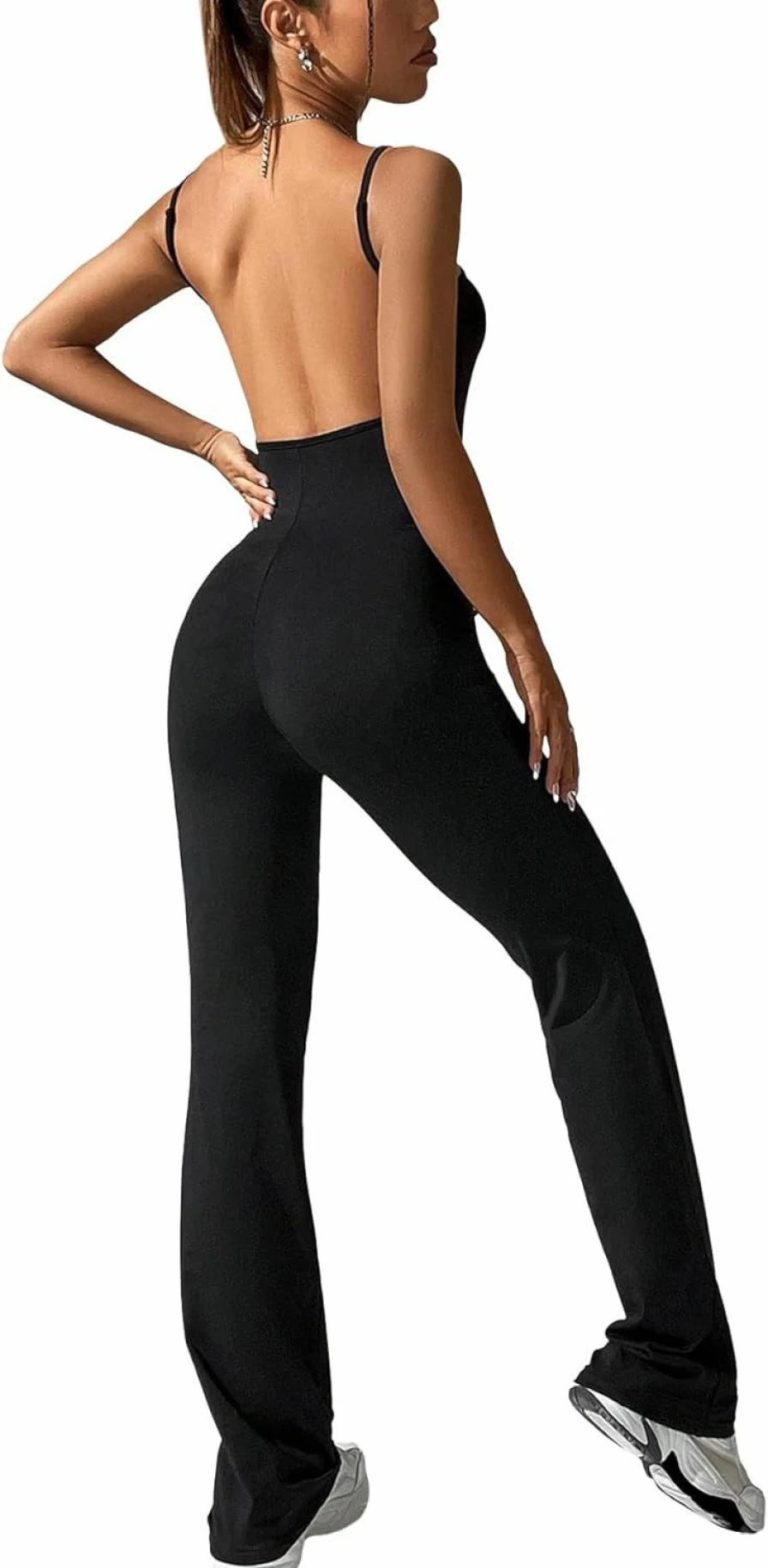 COZYEASE Women's Black Backless Flare Leg Cami Bodysuit - Sleeveless High Waist Jumpsuit for Women, Plus Size L