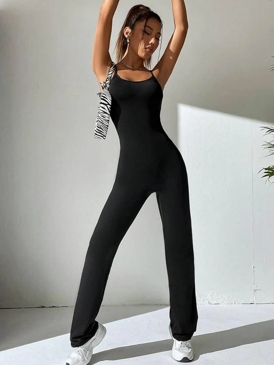 COZYEASE Women's Black Backless Flare Leg Cami Bodysuit - Sleeveless High Waist Jumpsuit for Women, Plus Size L