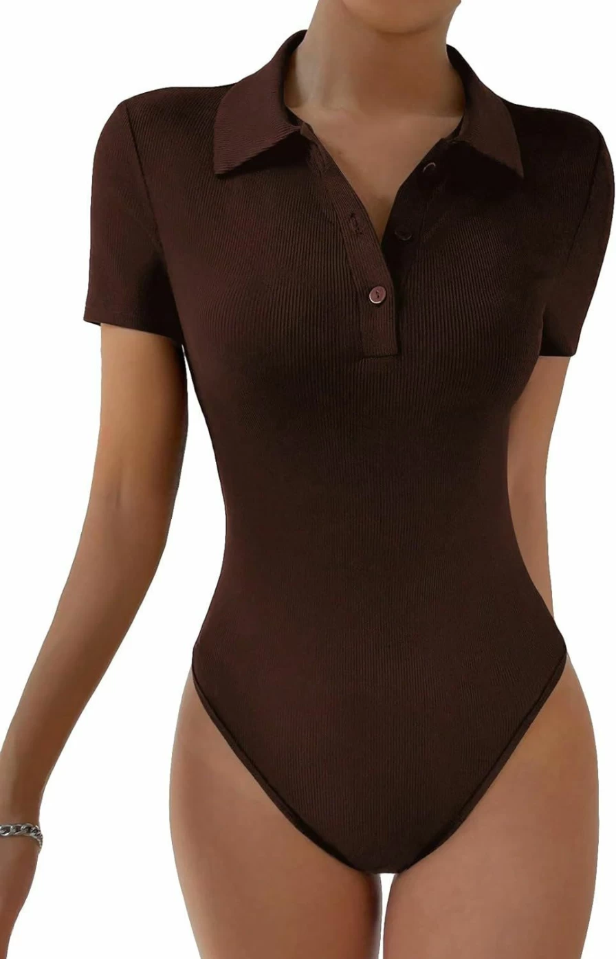COZYEASE Women's V-Neck Ribbed Knit Bodysuit - Short Sleeve T-Shirt Leotard Top